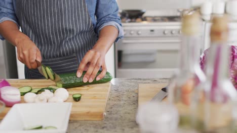 video of midsection of caucasian man cutting cucumber in kitchen