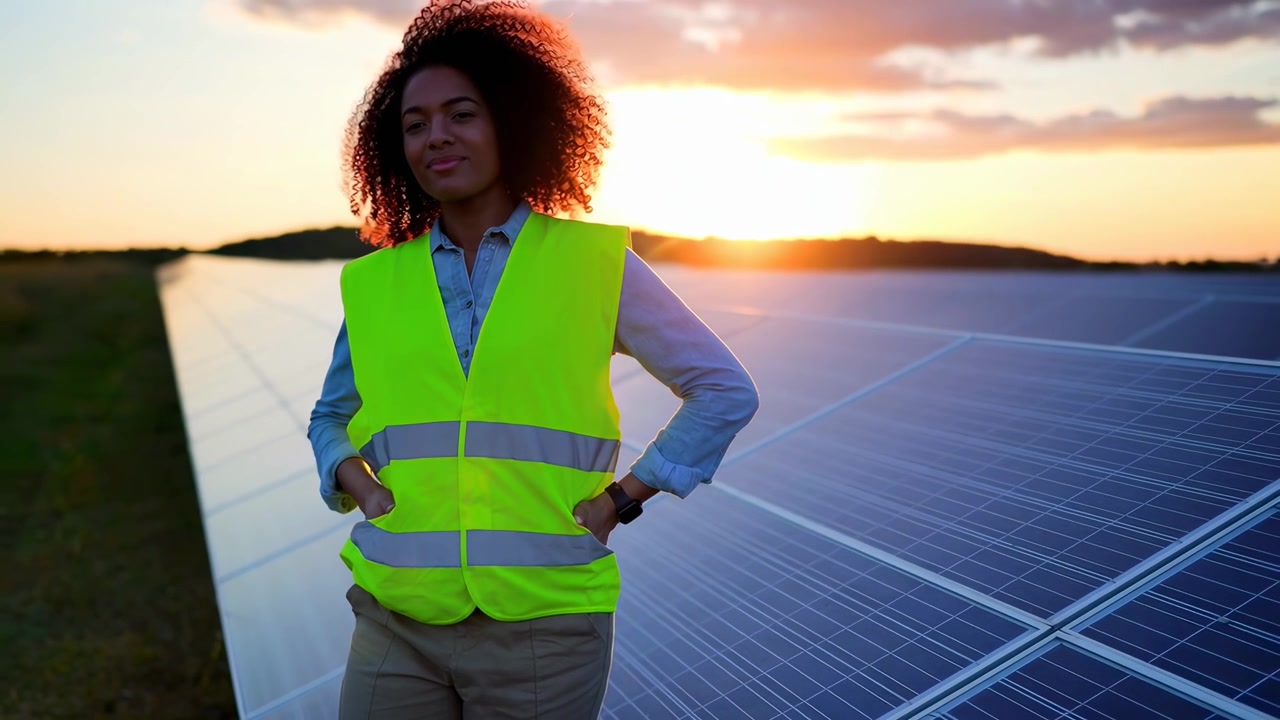 Ingegnera in piedi presso un impianto fotovoltaico al tramonto
