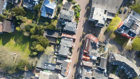 top down aerial of small shopping district in baarn, the netherlands