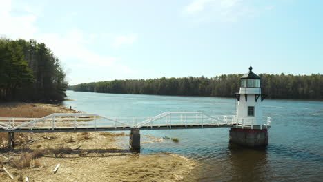 Beautiful-Aerial-Orbiting-Footage-of-Doubling-Point-Lighthouse,-Arrowsic,-Maine,-USA