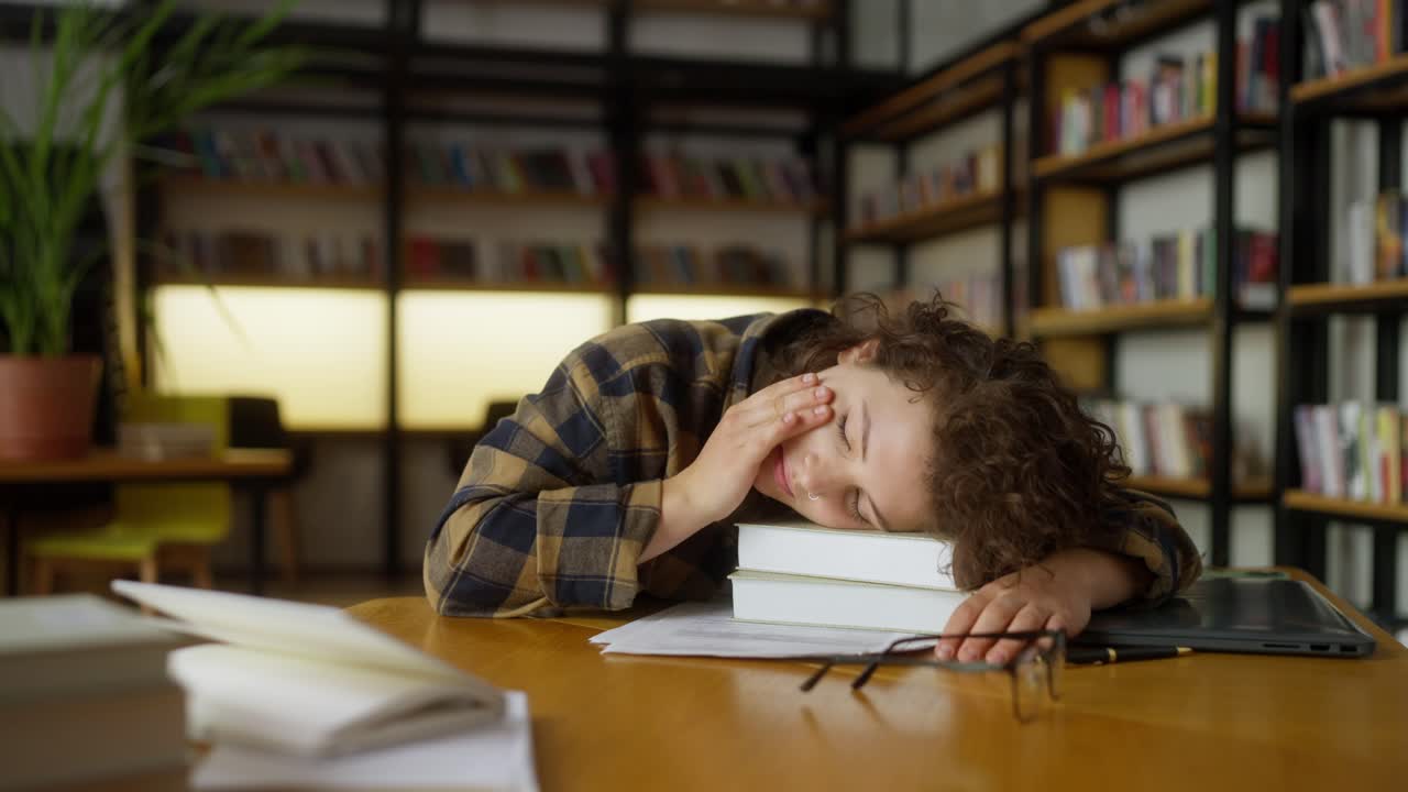 una studentessa con i capelli ricci dorme al tavolo sui libri della biblioteca dopo una dura giornata all'università