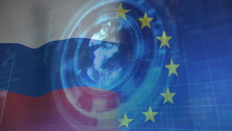 Animation-of-scope-scanning-and-dollar-symbol-over-flags-of-russia-and-eu