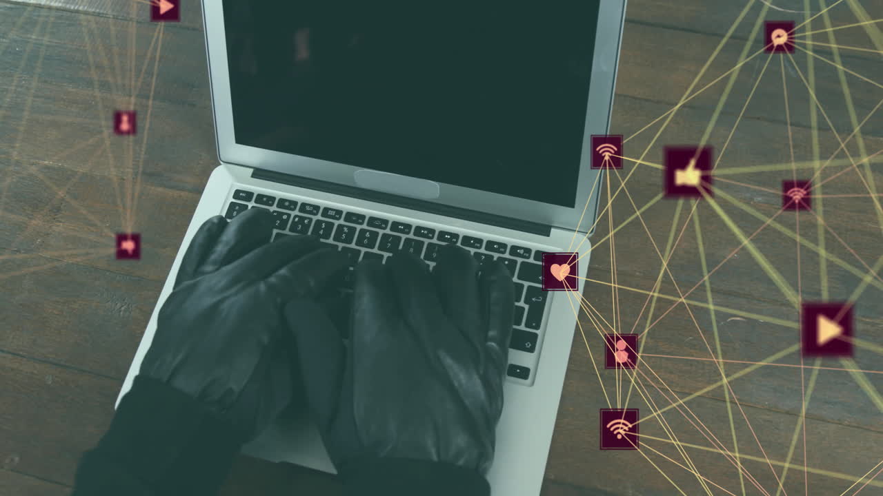 Typing on laptop, gloved hands with animation of network connection icons
