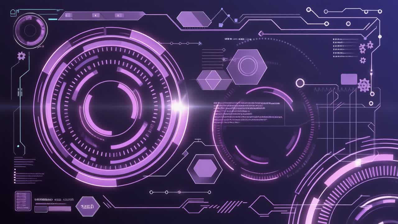 Abstract Futuristic Digital Interface with Glowing Purple Graphics