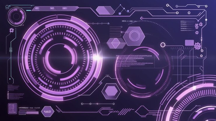 Abstract Futuristic Digital Interface with Glowing Purple Graphics