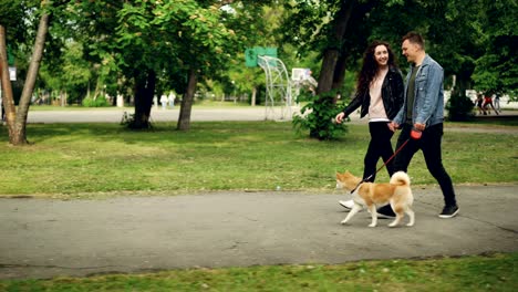 cheerful young couple man and woman are walking the dog in the park near sports ground, people are holding hands, guy is leading the animal. urban life and pets concept.