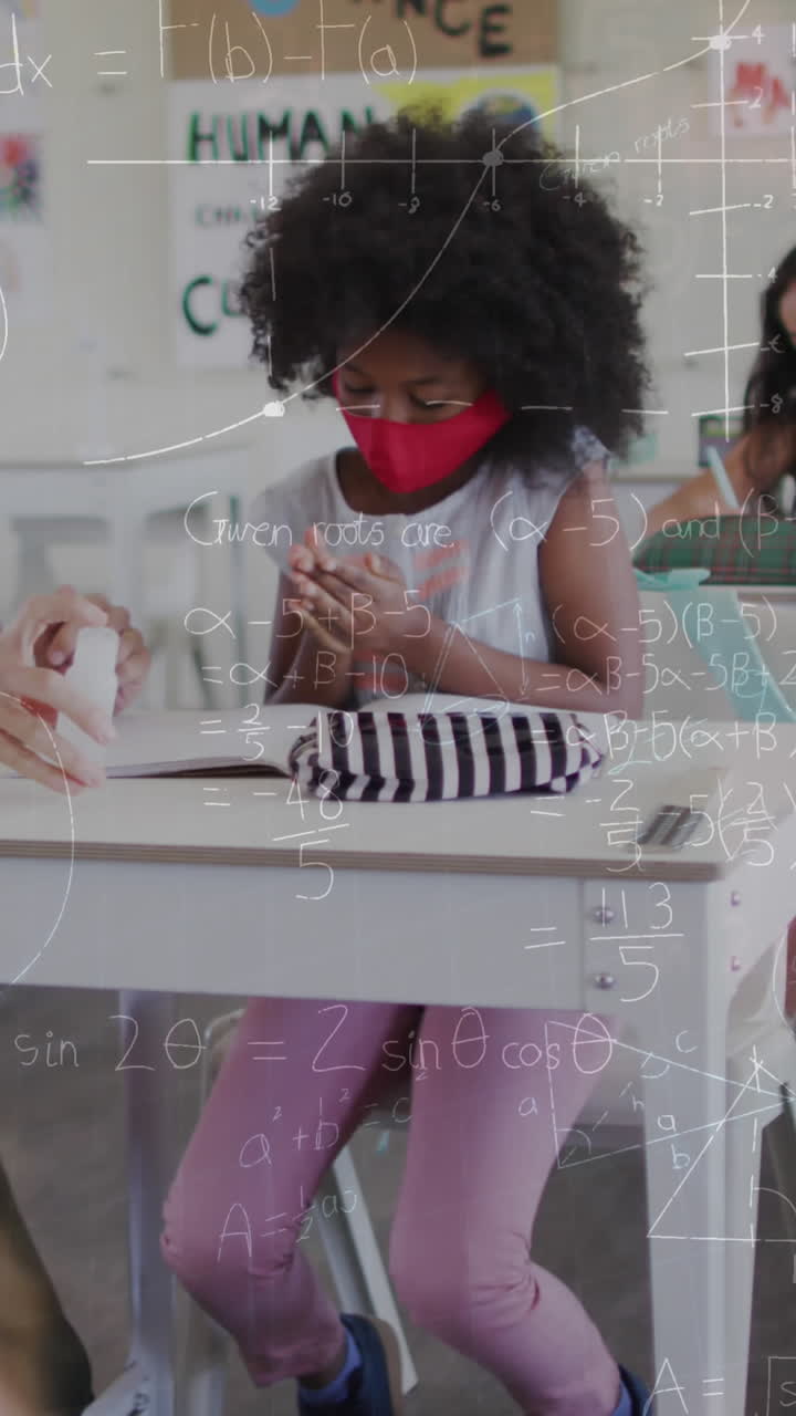 Animation of mathematical equations over diverse schoolchildren and teacher wearing face masks