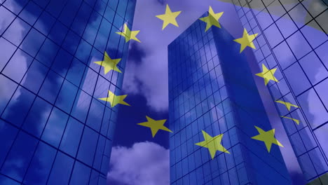 animation of flag of european union over high rise buildings in modern cityscape