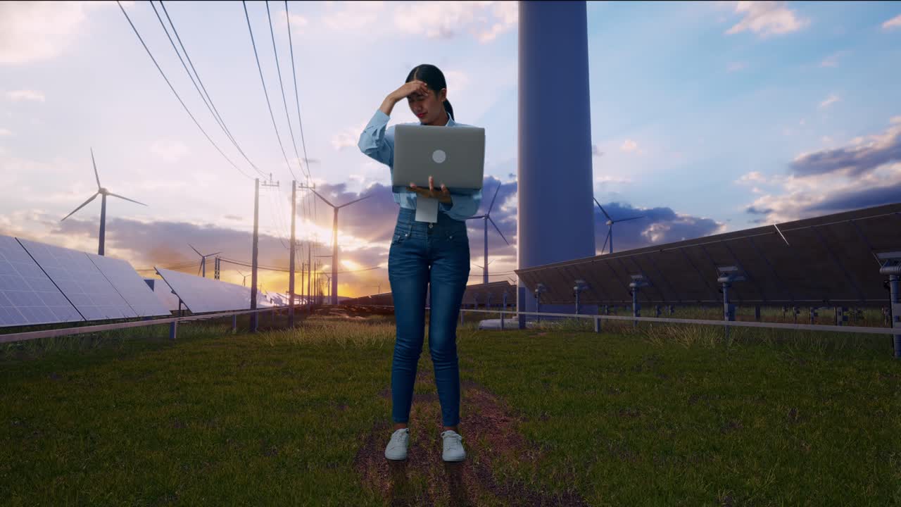 Full Body Of Asian Female With Her Laptop With Solar Panel and Wind Turbines, She Is Nodding Her Shead With Dissapionted