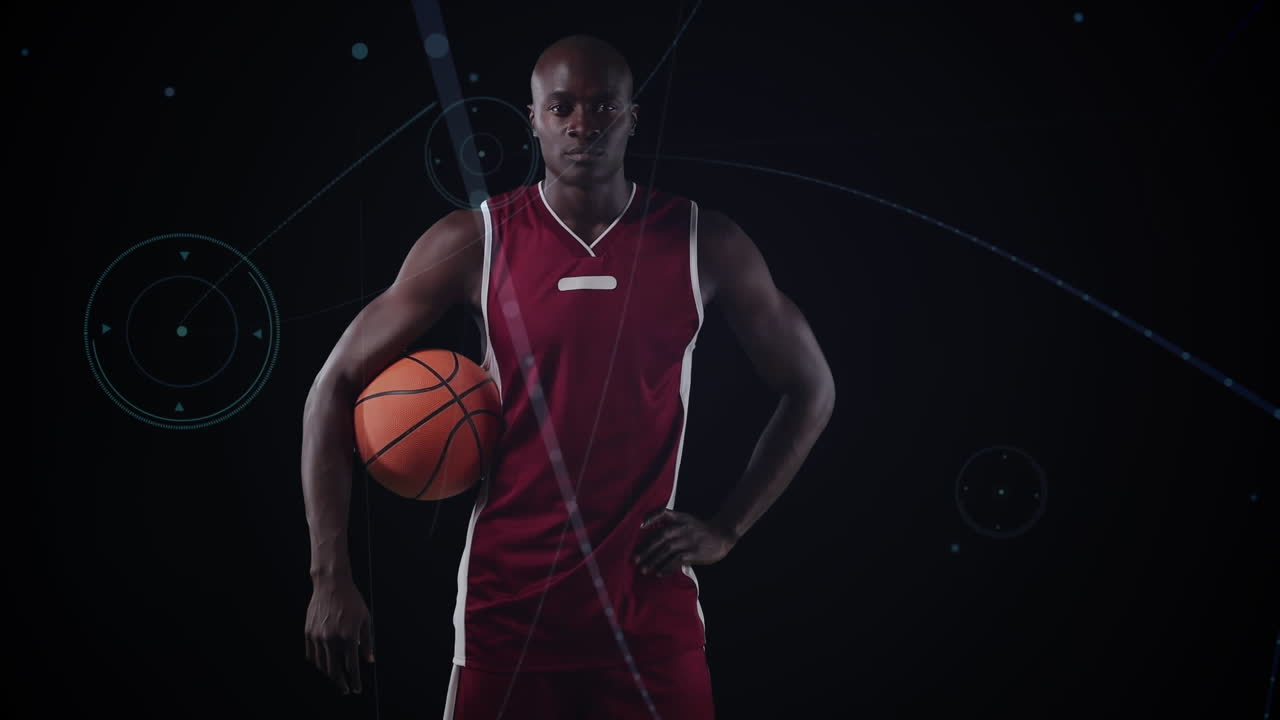 Animazione di una rete di connessioni su un giocatore di basket su sfondo nero.