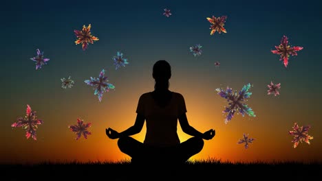 a serene meditation scene at sunset: a silhouette engaged in mindfulness surrounded by colorful, ethereal flowers against a tranquil horizon