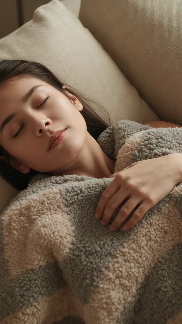 Vertical video: Waking to light, woman opening eyes and settling on couch with blanket