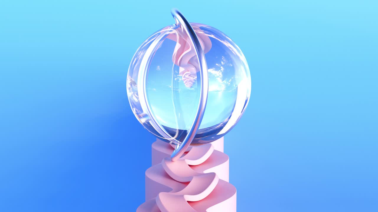 bola de vidrio en bucle con anillo de metal girando sobre una superficie curva. video 3d satisfactorio