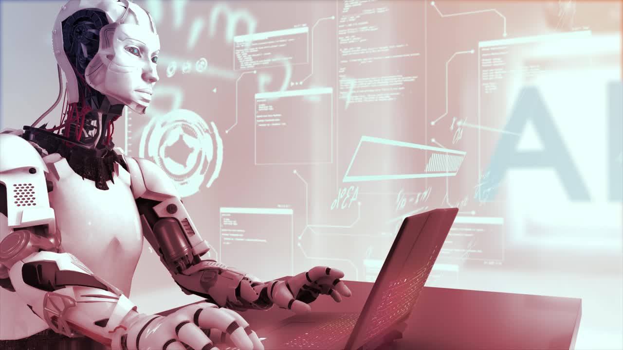 High quality CGI pullback shot of an Artificial Intelligence humaniod robot at a laptop computer in a virtual AI environment with data and equations floating around him - hot red color scheme
