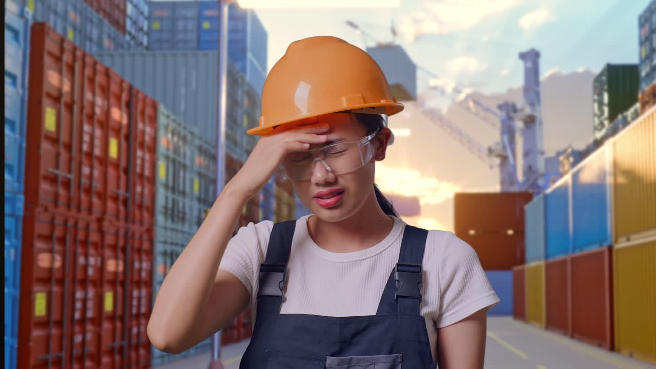 Close Up Of Asian Woman Worker Wearing Goggles And Safety Helmet Having A Headache While Standing At Container Yard Warehouse