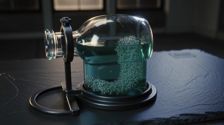 Showing bottle on metal stand forming spiral bubbles as teal liquid shifting at lab slate stamp