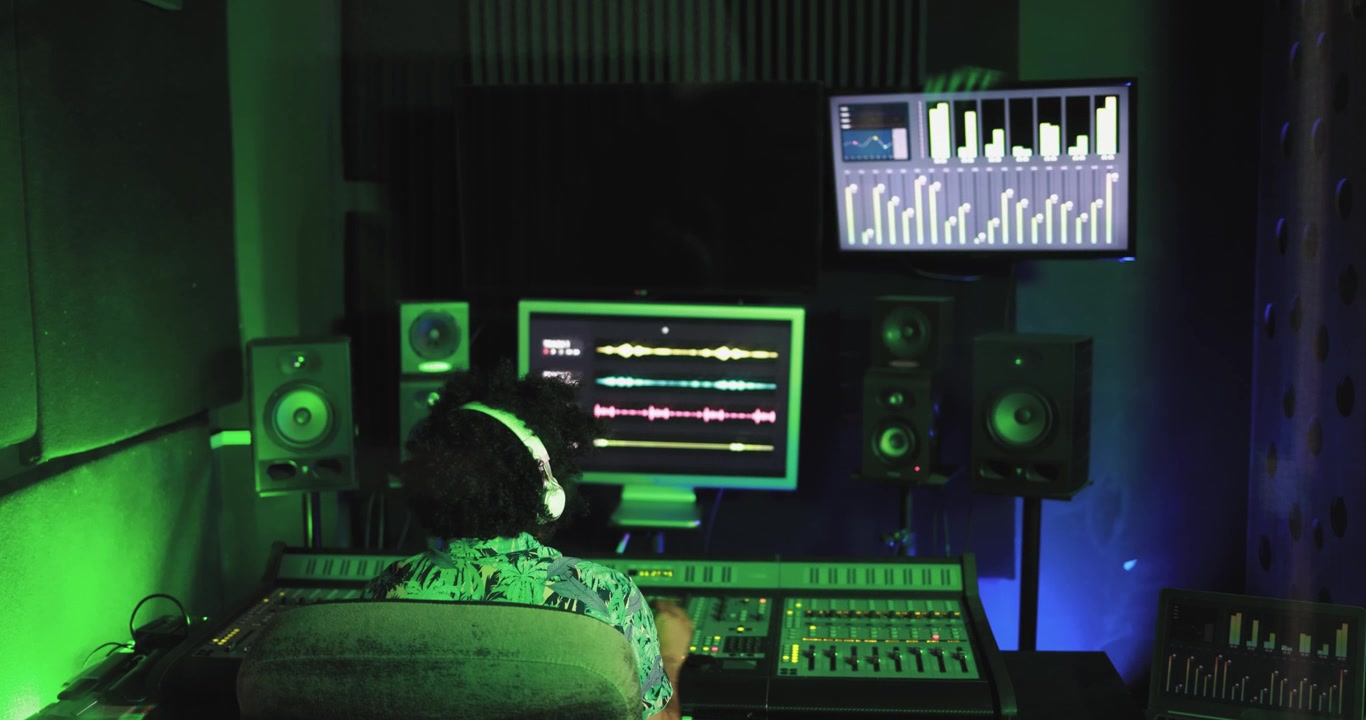 Music Producer Working on Mixing Console in Professional Studio