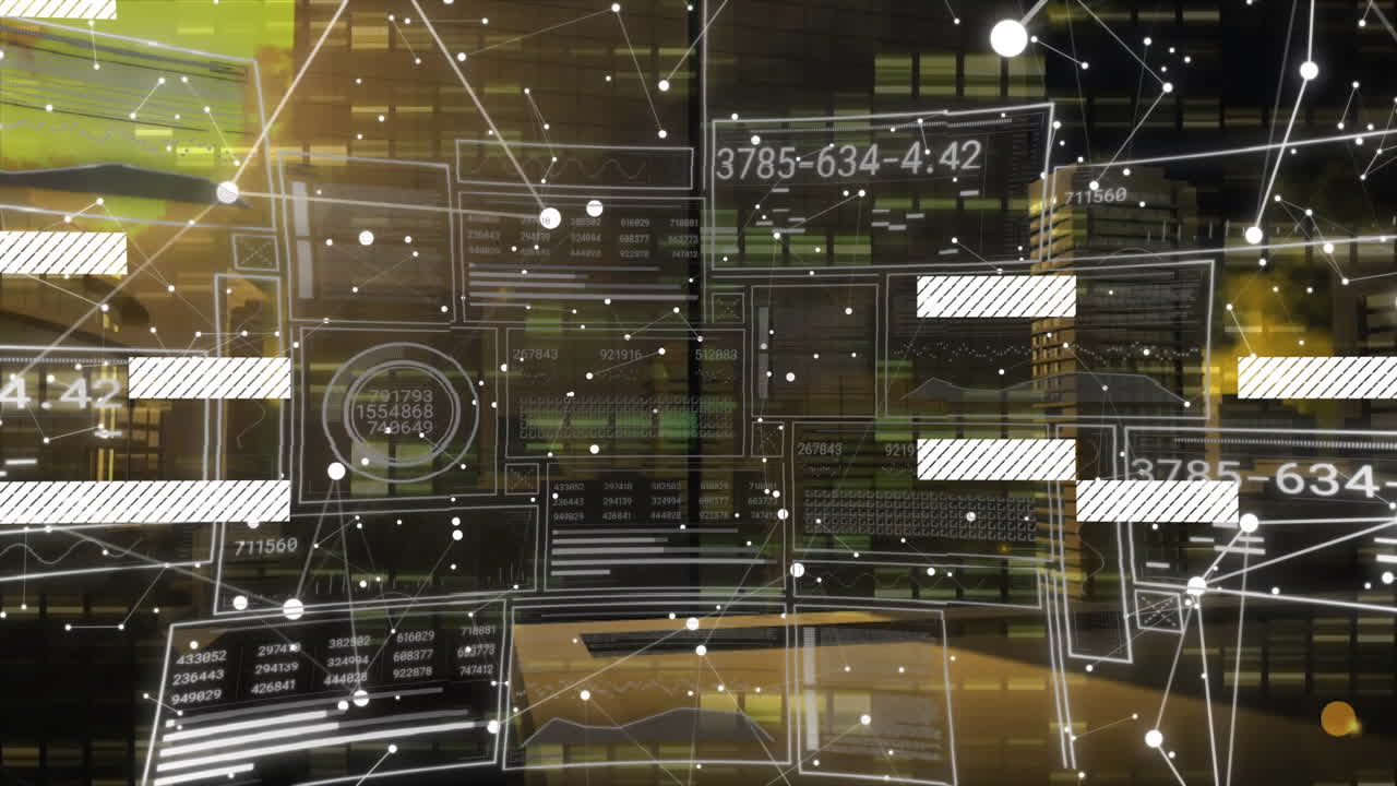 Animation of data processing and network of connections over cityscape
