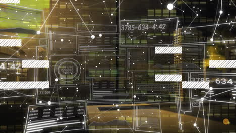 Animation of data processing and network of connections over cityscape