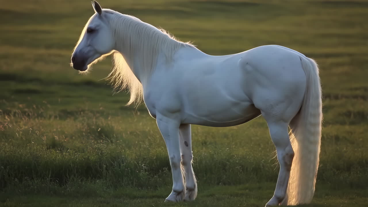 Majestic White Horse in a Grassy Field at Sunset