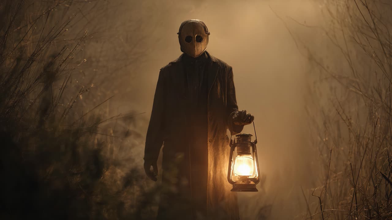 A Mysterious Figure Shrouded in Fog, Carrying a Lantern, Illuminates the Darkness with an Eerie Presence in an Enigmatic Environment
