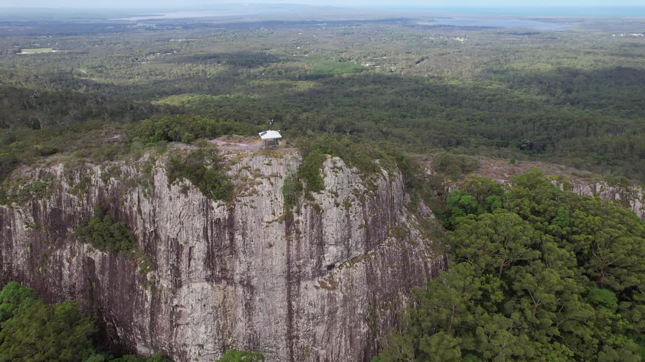 Lookout Hut Atop Mount Tinbeerwah With Scenic Coastal And Hinterland View. Tewantin National Park In QLD, Australia. aerial shot