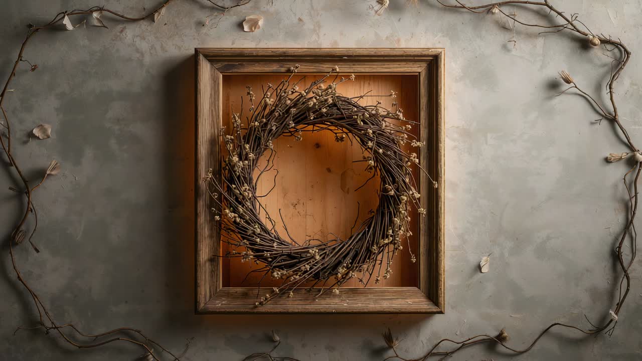 Starting push-in camera moving closer to wreath in garlanded shadowbox on plaster, focusing inward
