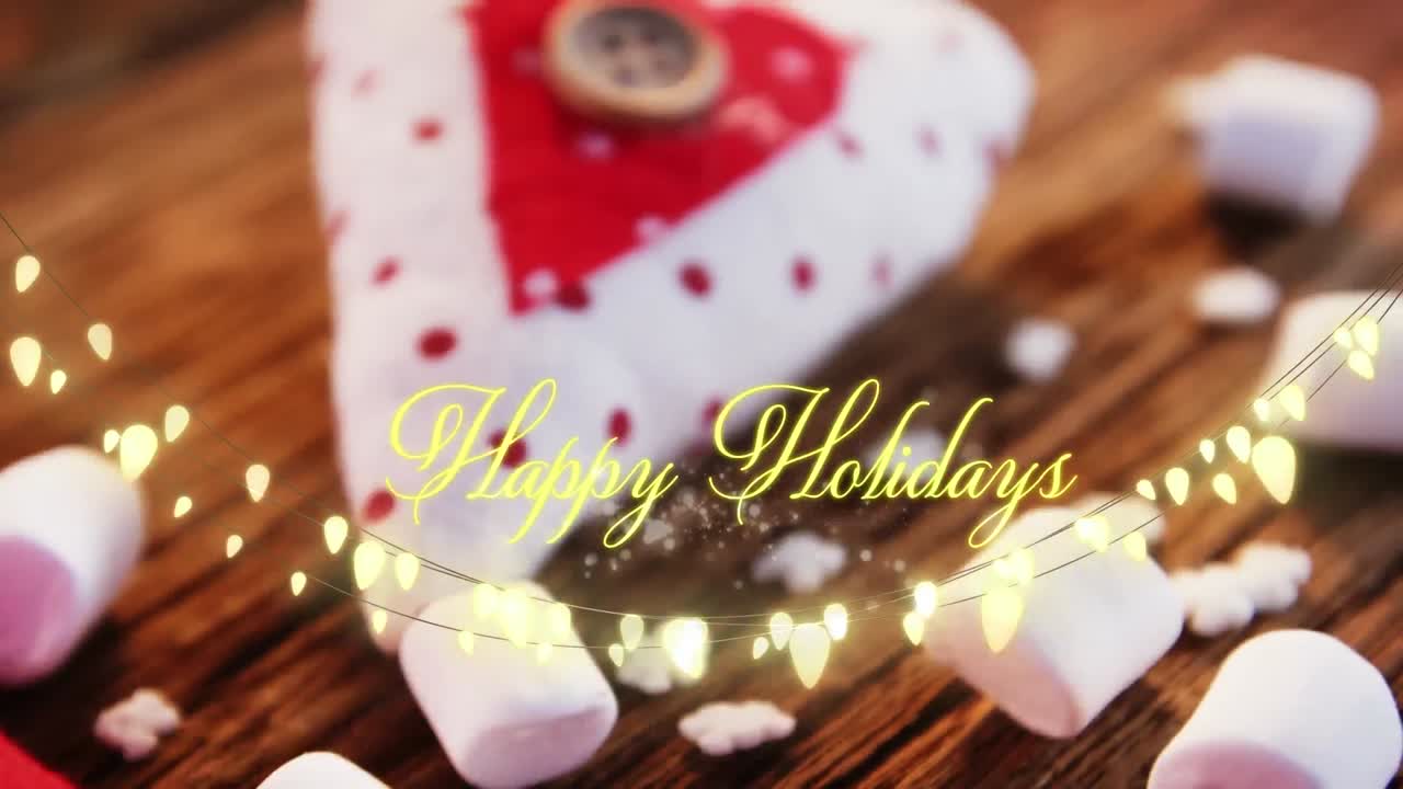 텍스트의 애니메이션, 행복한 휴일, 노란색, 스트링 조명, 마시멜로와 크리스마스 장식