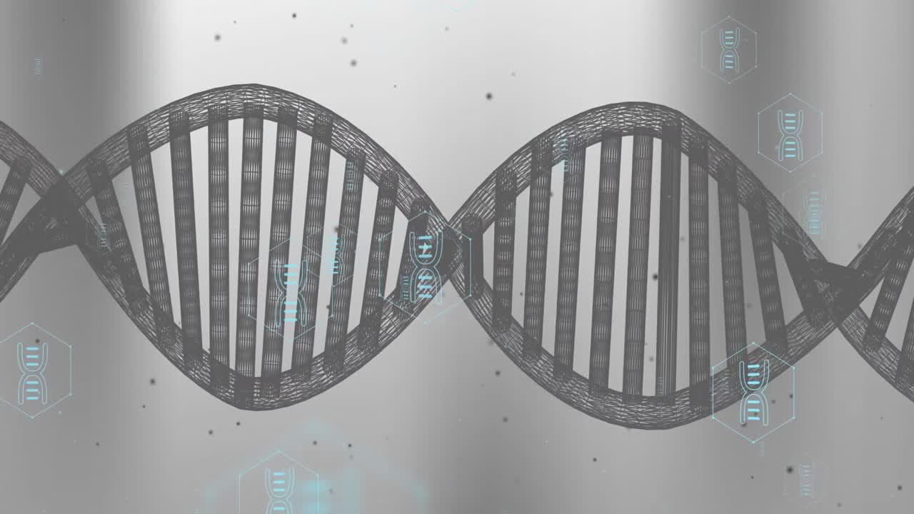 Animation of icons, dna strand over data processing