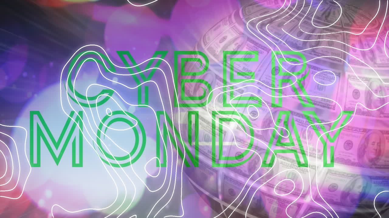 animación billetes de dólar estadounidense globo con texto de ventas de cyber monday