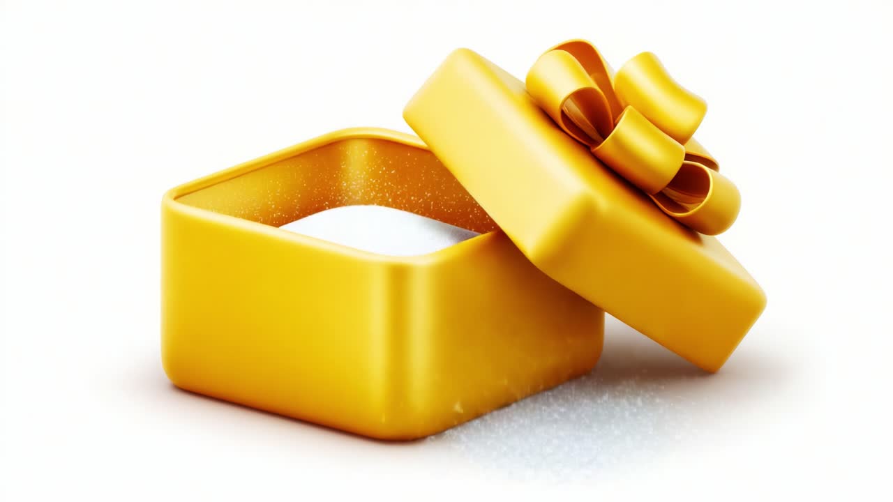 Open Yellow Gift Box with a Bow on Top Revealing a Sparkling Interior, Perfect for Celebrating Special Occasions, Birthdays, or Surprising Loved Ones with Delightful Treats