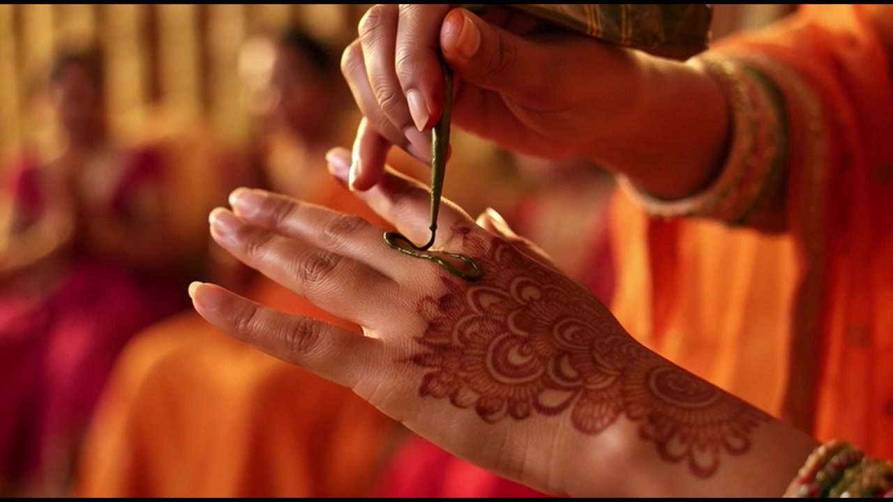 Applicazione di un tradizionale disegno all'henné sulla mano per un matrimonio indiano