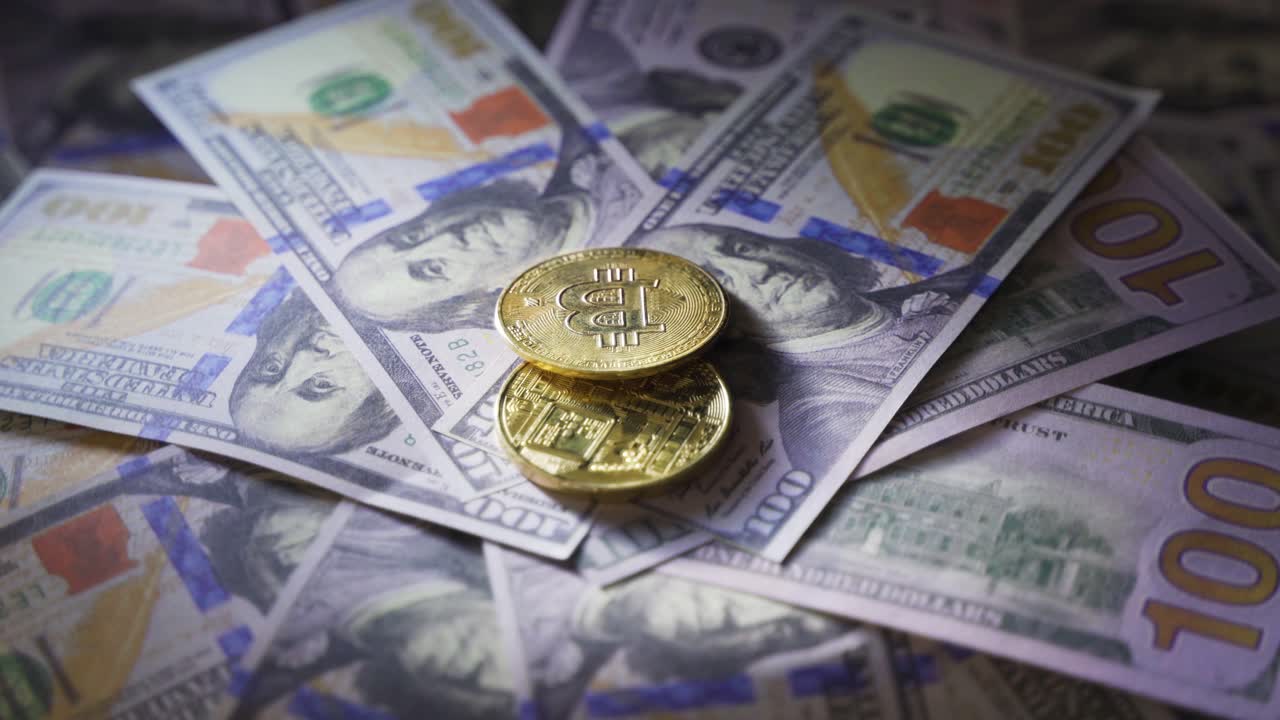 Glowing bitcoins and us dollars. Financial investment advice.