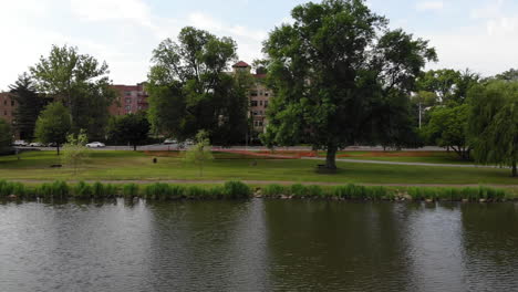 drone low over lake in new rochelle