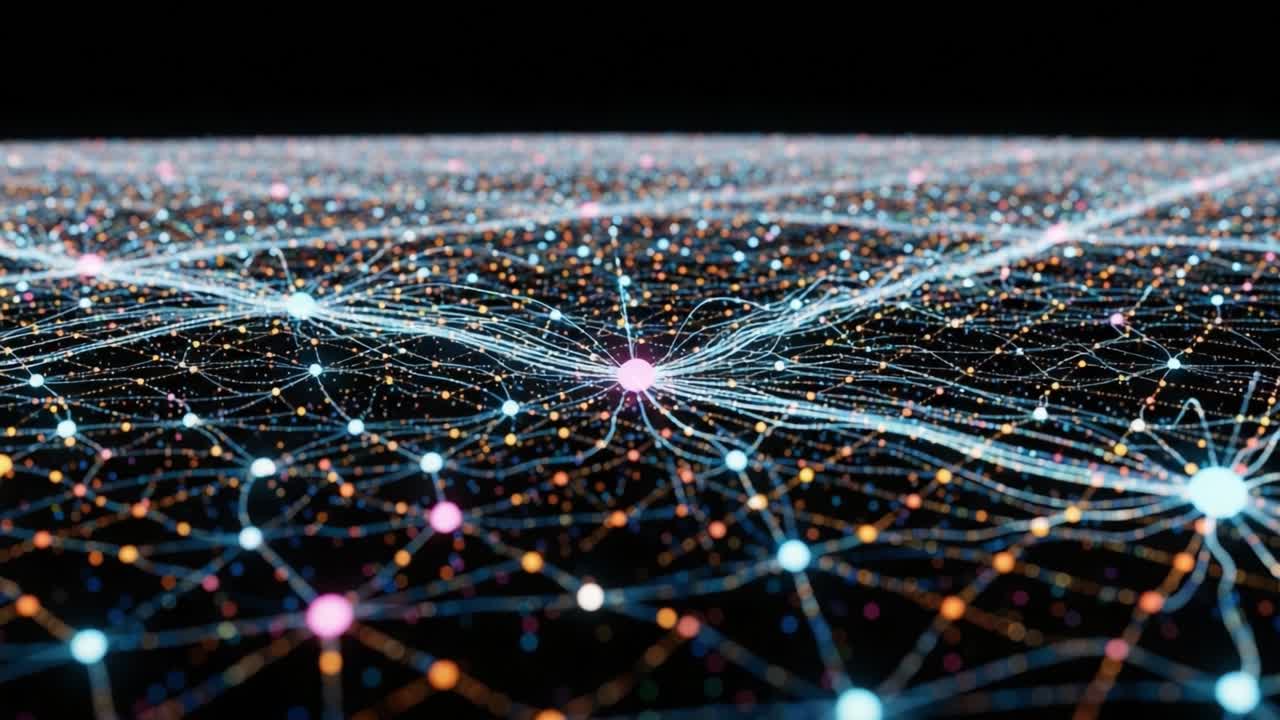 A Stunning Visualization of Neural Networks Highlighting Interconnected Nodes and Dynamic Interactions in Multicolored Patterns and Structures of Data Representation