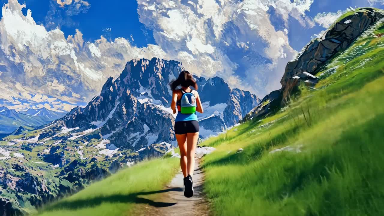 A video game-style scene shows a woman jogging on a mountain trail