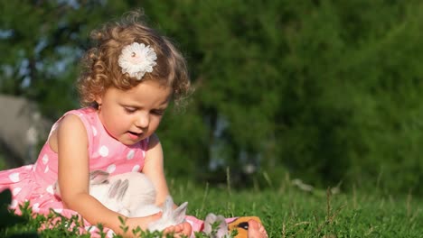 little girl playing with bunnies in a grassy field