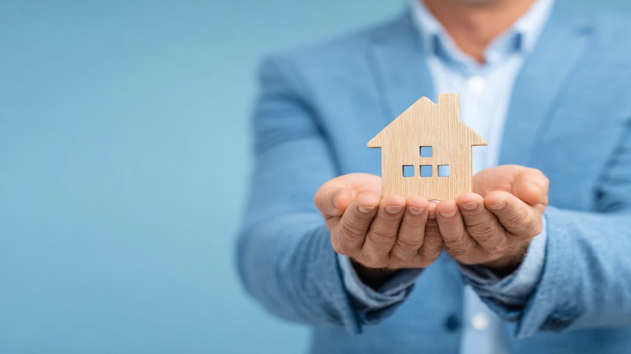 Un uomo tiene un modellino di casa in legno nelle sue mani, simboleggiando la proprietà della casa, i sogni immobiliari e le opportunità di investimento su uno sfondo blu tenue.