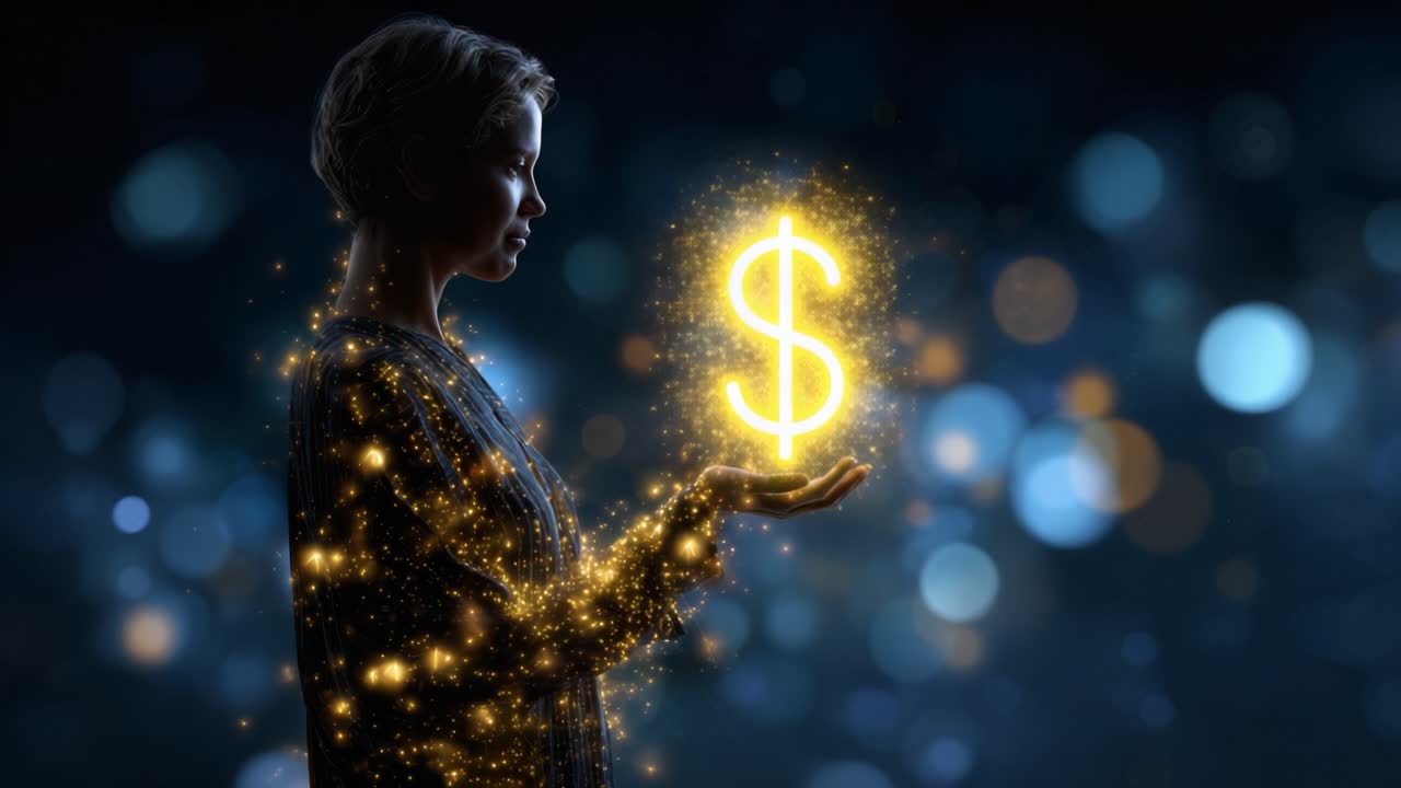 Eine faszinierende Gestalt, die von strahlenden Funken und einem leuchtenden Dollarzeichen erleuchtet wird, repräsentiert den Reiz von Reichtum, Magie und die Macht finanzieller Ziele