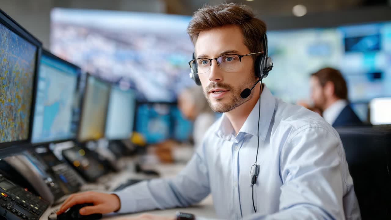Focused Male Operator in Control Room Utilizing Headset and Monitors to Manage Complex Data and Communication Systems with Precision and Professionalism