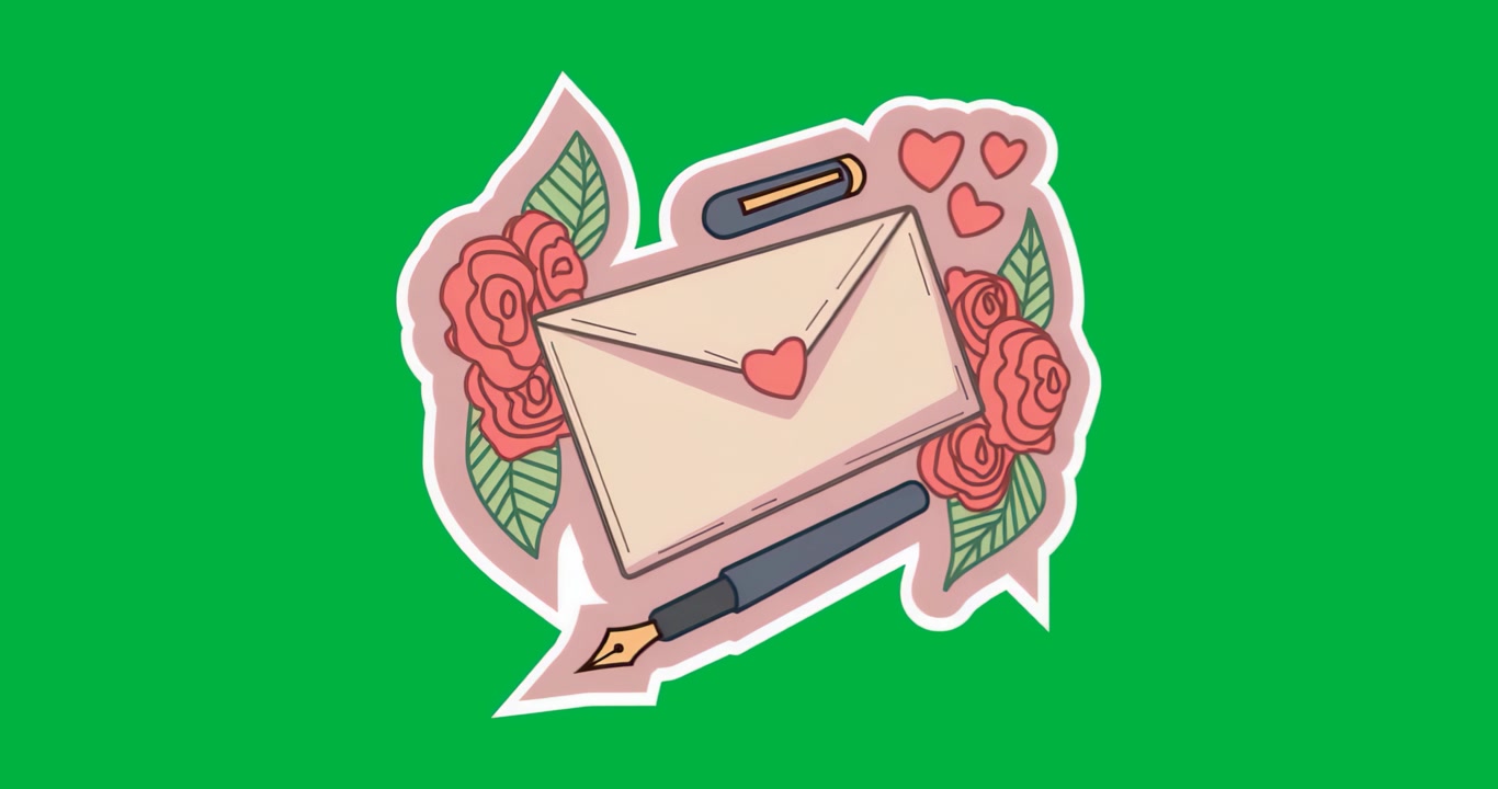 Caricamento lettera d'amore che presenta una busta sigillata con cuore, penna, rose, cuori e contorno con trasparenza