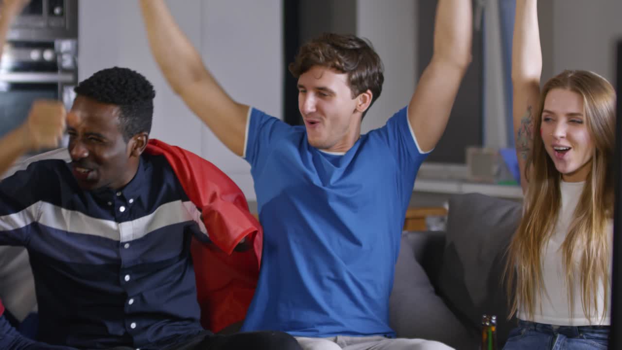 un grupo de aficionados de razas mixtas animando al equipo de francia