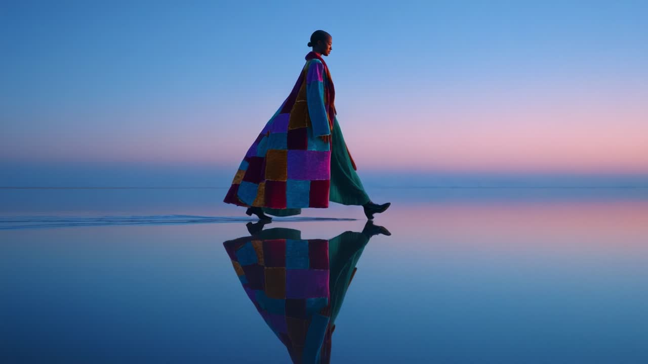 A serene figure walking gracefully across a tranquil reflective surface at twilight, adorned in colorful traditional attire that vividly contrasts with the pastel horizon, embodying peace and harmony in nature