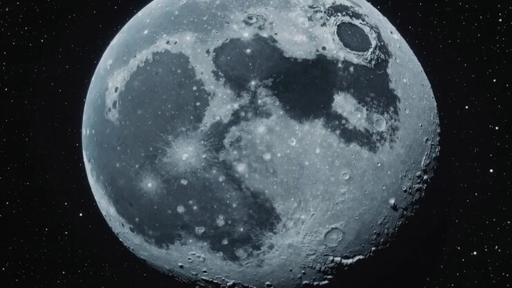 Orbitador à deriva causando a rotação e deslocamento para cima e para a direita do disco lunar no espaço, mostrando detalhes da cratera