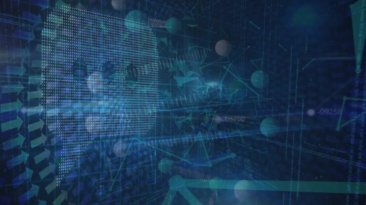 Animation of data processing and digital interface over globe on blue background