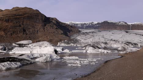 solheimajokull glacier showing melt water and small icebergs at its foot