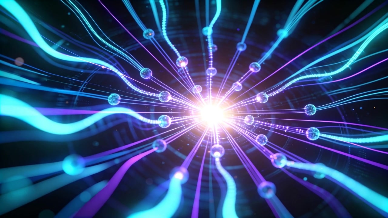 Pulsing central core and radial strands sending beads outward through dark void, propagating energy