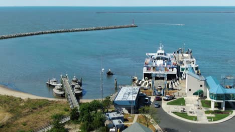 Aerial-of-cars-being-driven-onto-Ferry-in-Lewes-Delware,-ready-for-trip-to-Cape-May,-New-Jersey,-USA