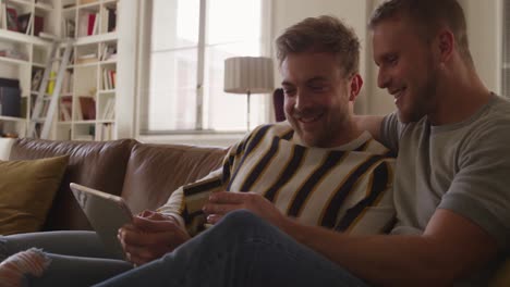 caucasian male couple in social distancing in their sofa at home