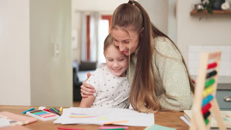 learning, girl and mother with hug at house